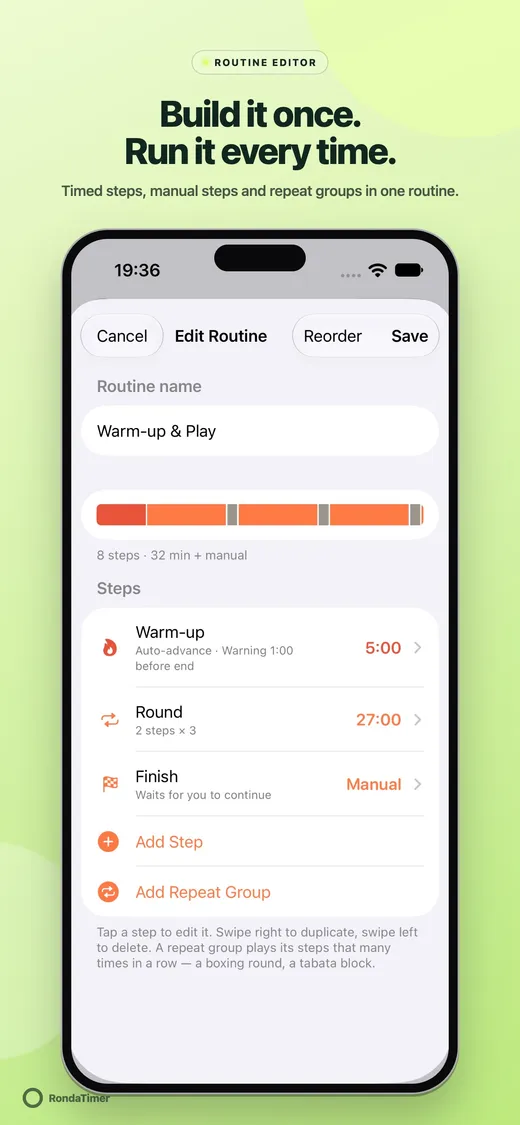 Warm-up and Play routine editor with eight steps, a Round repeat group played three times and a manual finish step.