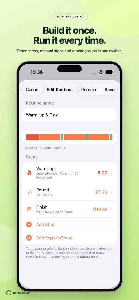 Warm-up and Play routine editor with eight steps, a Round repeat group played three times and a manual finish step.