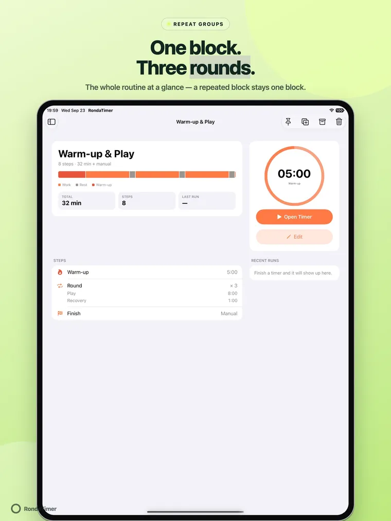 iPad routine overview with the Round repeat group played three times, the structure bar and total time.