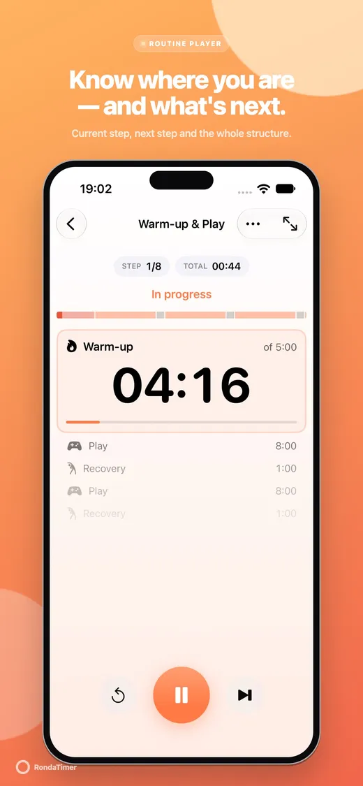 Warm-up and Play routine timer showing step 1 of 8, the upcoming Play and Recovery steps and playback controls.
