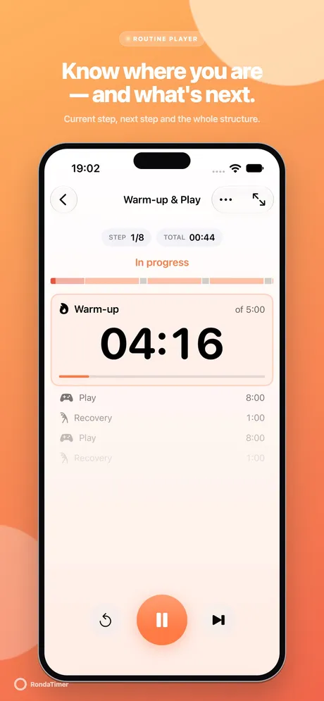 Warm-up and Play routine timer showing step 1 of 8, the upcoming Play and Recovery steps and playback controls.