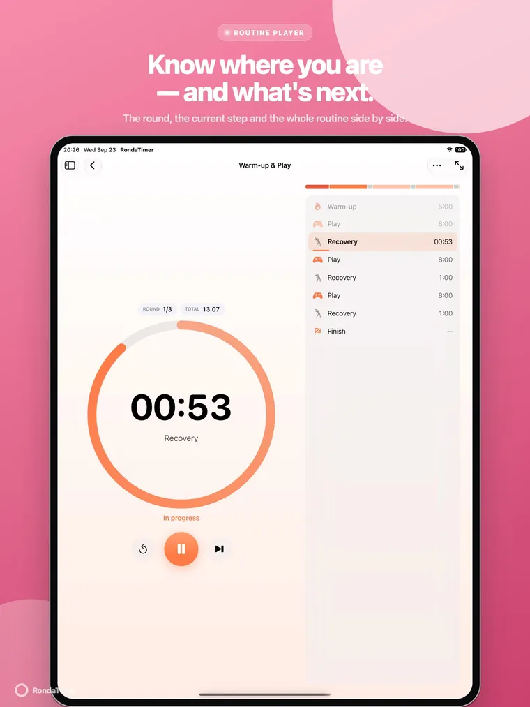 iPad routine player showing round 1 of 3, a Recovery countdown and the full step list alongside.