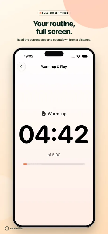 Full-screen Warm-up timer with a large countdown, duration and progress bar.