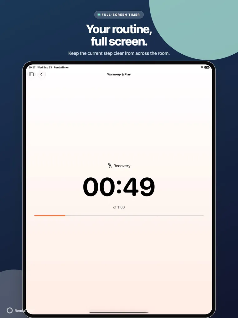 iPad full-screen Recovery timer with a large countdown and progress bar.