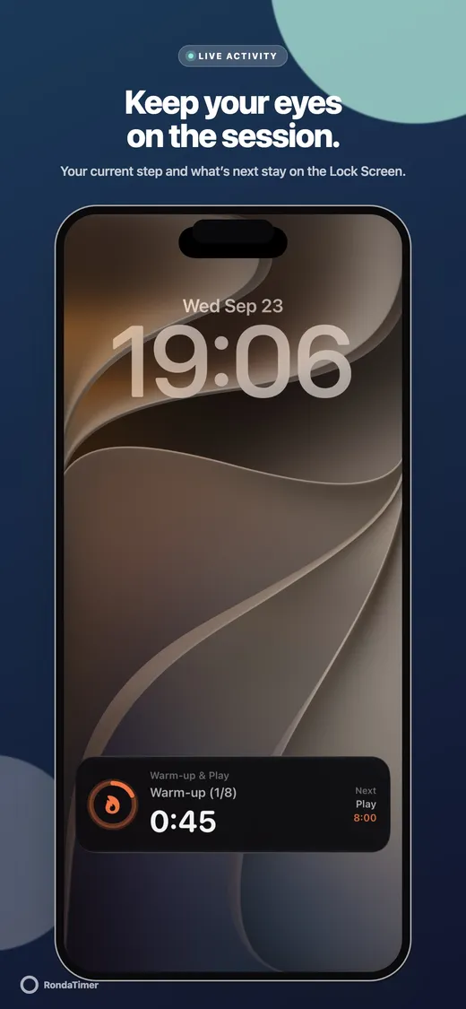Lock Screen Live Activity showing Warm-up and Play, the Warm-up step 1 of 8 and the next Play step.