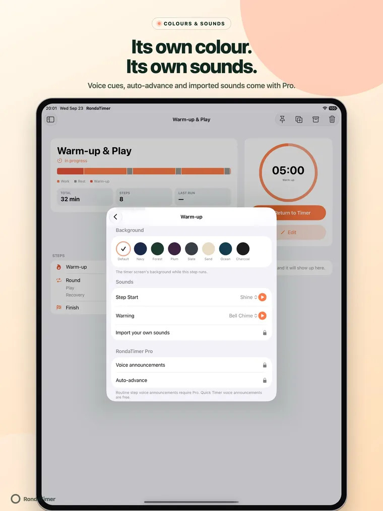 iPad step settings with background colours, sounds and Pro voice and auto-advance options.