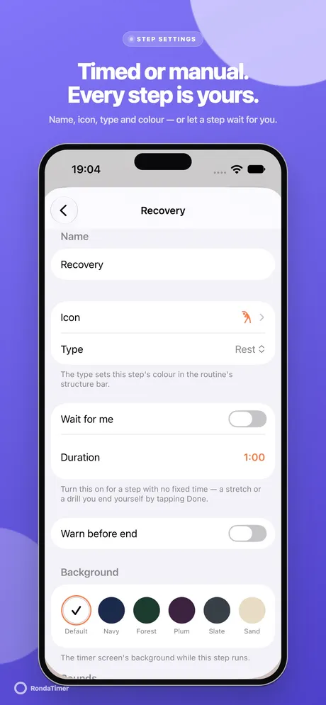 Step settings with icon, type, a Wait for me control, duration and background colours.