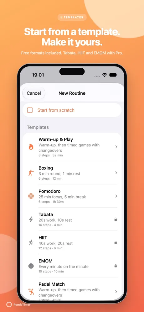 New Routine sheet with free templates and locked Tabata, HIIT and EMOM templates.