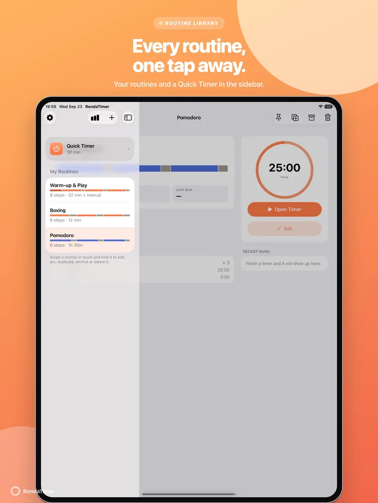 iPad sidebar with Quick Timer and three saved routines.
