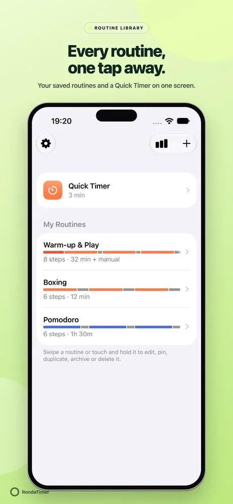 Home screen with Quick Timer and three saved routines, each with its structure bar.