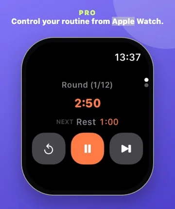 Apple Watch timer showing Round 1 of 12, 2:50 remaining, next Rest step and playback controls.