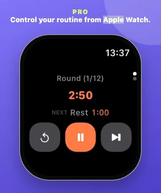 Apple Watch timer showing Round 1 of 12, 2:50 remaining, next Rest step and playback controls.