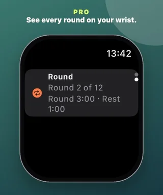 Apple Watch routine page showing Round 2 of 12 and the Round and Rest steps.
